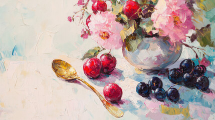 Still Life Oil Painting with Flowers and Cherries © Diana