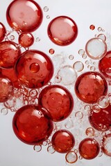 Glossy red bubbles floating in a translucent liquid. Abstract fluid composition with a soft, dreamy aesthetic. Modern, airy, and elegant design. Generative AI