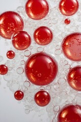 Glossy red bubbles floating in a translucent liquid. Abstract fluid composition with a soft, dreamy aesthetic. Modern, airy, and elegant design. Generative AI