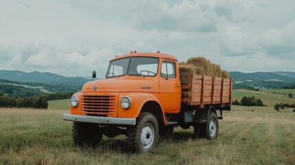 Vintage orange truck loaded with hay bales on a lush green field, scenic mountains in the background under a cloudy sky.