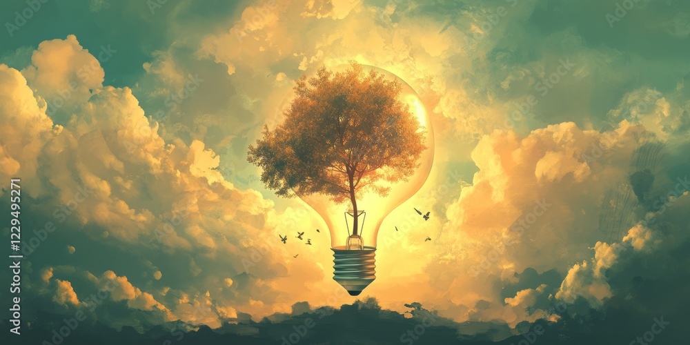 Poster a tree is inside a light bulb. the light bulb is floating in the sky. there are birds flying around 