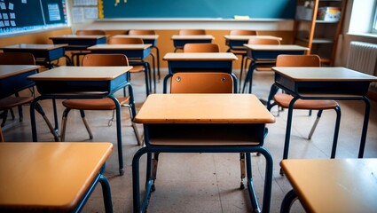 Deserted classroom with empty desks awaiting students