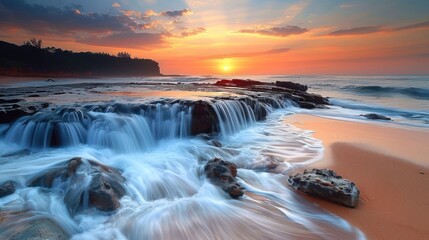 Fototapeta premium Serene sunset over a rocky beach with gentle waves cascading on the shore, tranquil atmosphere