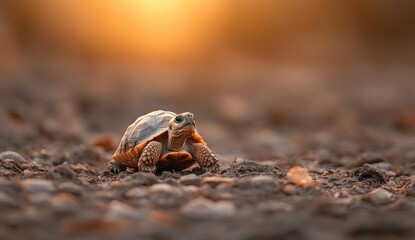 Close-Up View of a Tortoise Crawling on the Ground with a Beautiful Sunset Background in a Nature Setting