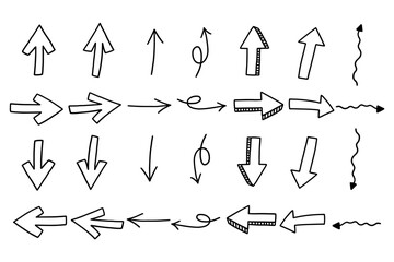 Simple Doodle Directional Arrows Set. Lines Market Sign Directions Right Left Down Backward Collection. Hand Drawn Vector Isolated Illustration