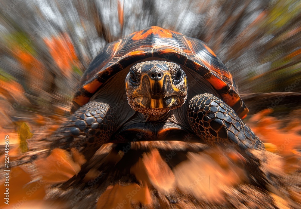 Poster Close-Up View of a Tortoise Navigating Through Vibrant Autumn Leaves in a Natural Habitat with Motion Blur Effect