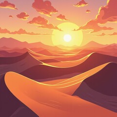 A vibrant sunset illuminates a desert landscape with rolling sand dunes.