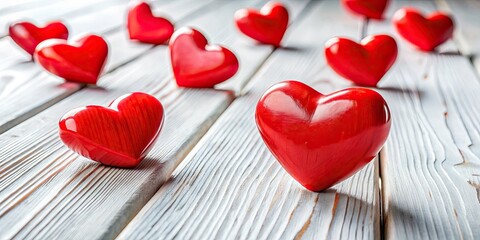 Fototapeta premium Red Wooden Hearts on White Wood, Shallow Depth of Field, Candid Photography