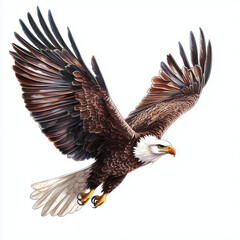Illustration of the American Bold Eagle in flight, soft watercolor tones, white background, detailed illustration, cartoonish.