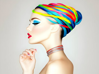 Naklejka premium Woman with Rainbow Hair and Bright Makeup Poses Elegantly with Manicured Nails