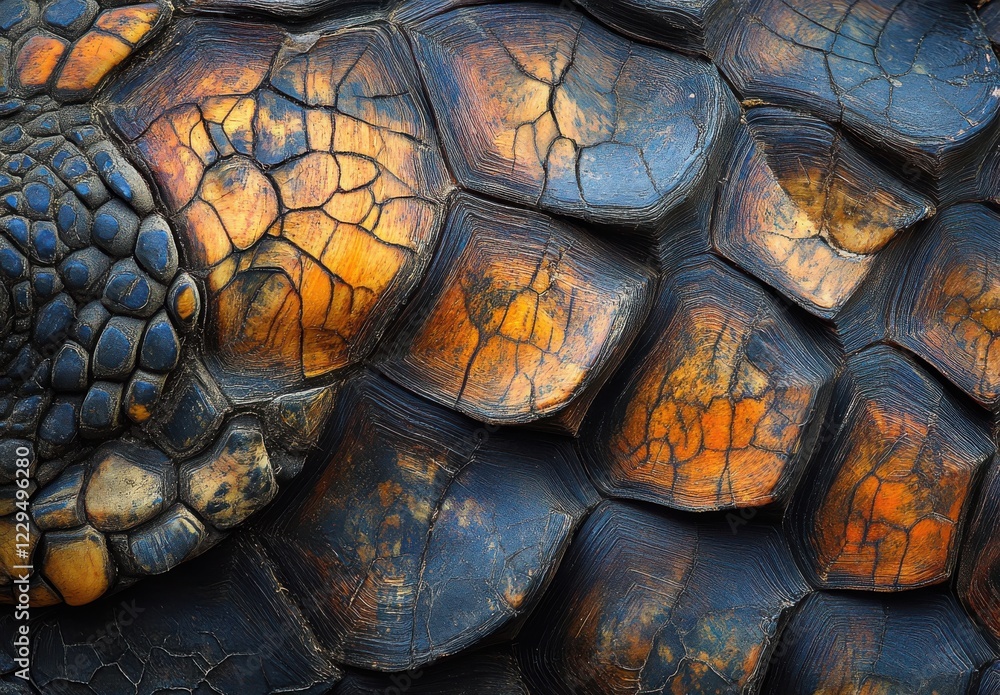 Poster close-up view of a tortoise shell showing intricate textures, natural patterns, and vibrant colors i