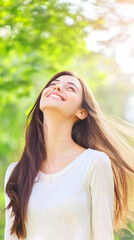 Fototapeta premium Smiling woman enjoys fresh air and sunlight in nature, feeling refreshed and revitalized peacefully.