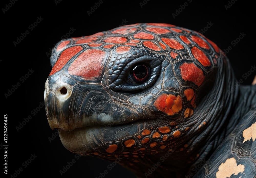 Poster close-up view of a vibrantly colored tortoise with detailed textures and patterns against a dark bac