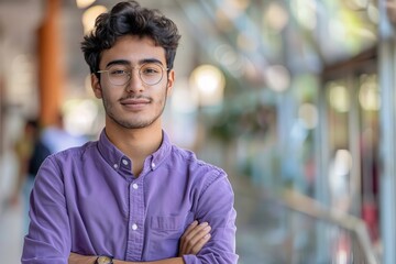 Fototapeta premium Confident and Positive Young Hispanic Man in Purple Shirt and Glasses Gazes Directly at Camera with Arms Crossed