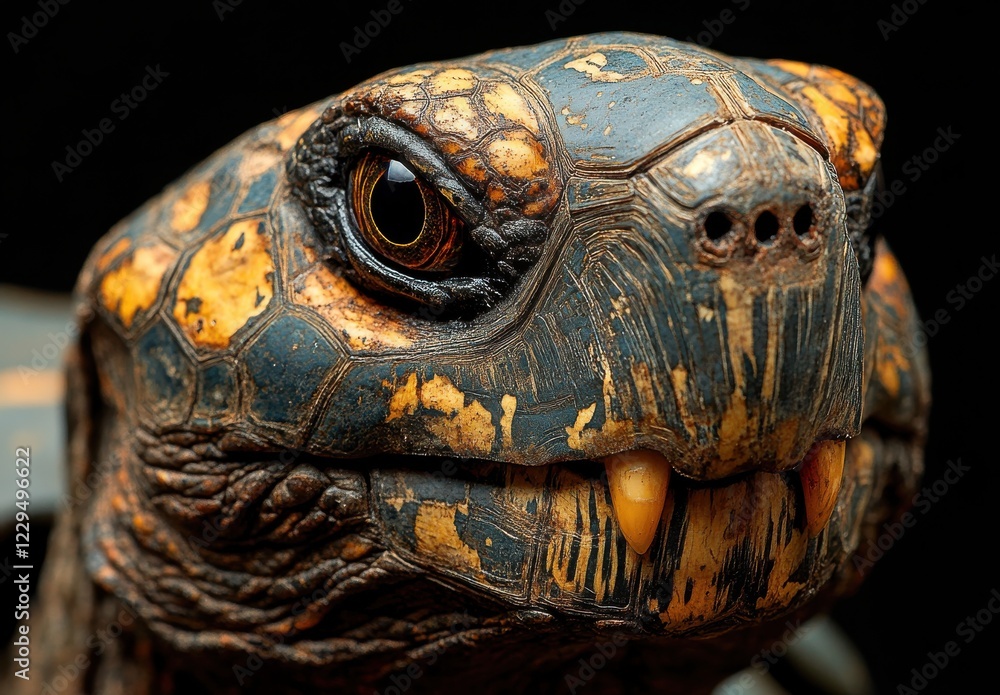 Poster close-up view of an intriguing tortoise head featuring unique patterns, textures, and vibrant colors