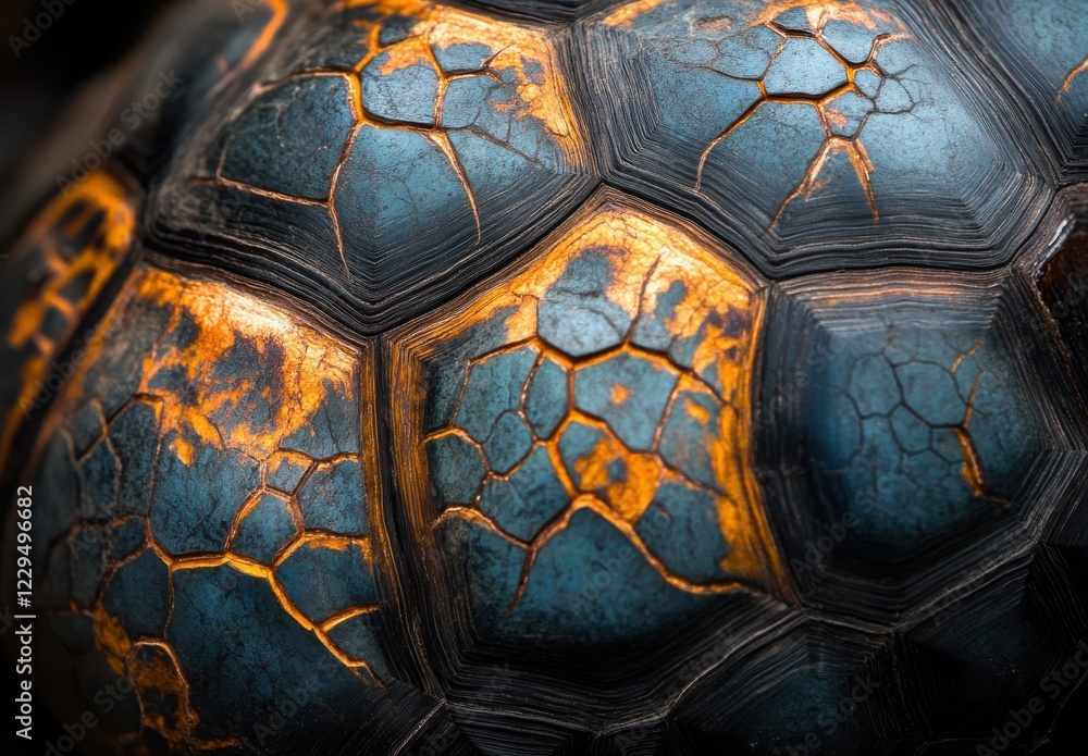 Poster close-up view of an old tortoise shell with detailed patterns, cracks, and textures showing natural 