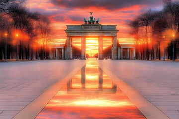 Obraz premium Triumphal Arch Reflects in Wet Pavement at Scenic Sunset with Dramatic Sky