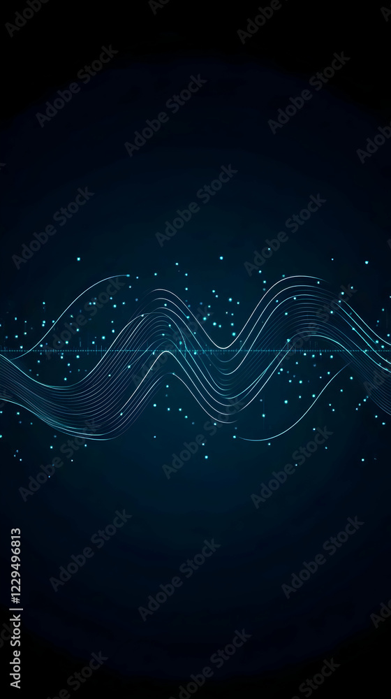 Poster abstract blue wavy lines flowing smoothly across a dark background with sparkling particles