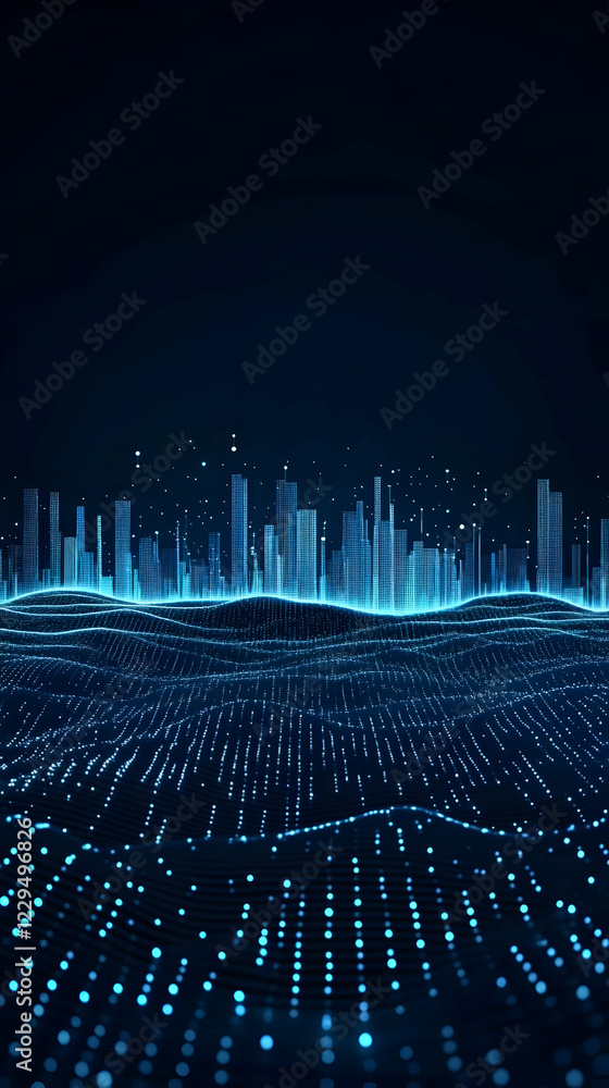 Poster digital cityscape rises from glowing particle waves on a dark background
