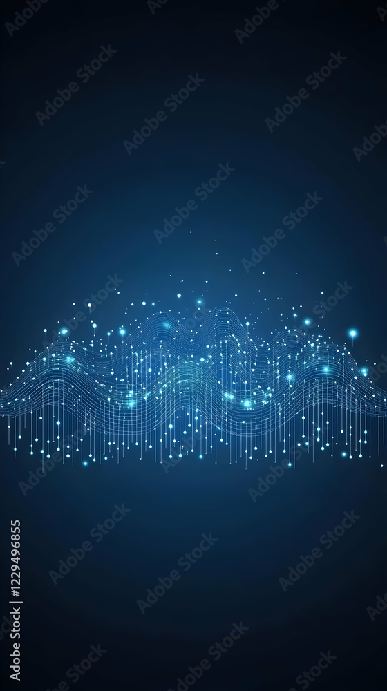 Poster abstract blue wavy lines background creates a sense of flow and movement with glowing particles.