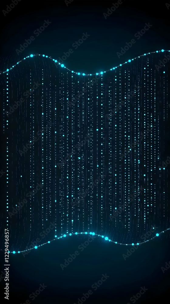 Poster abstract blue glowing particle strings form a wavy pattern on a dark background