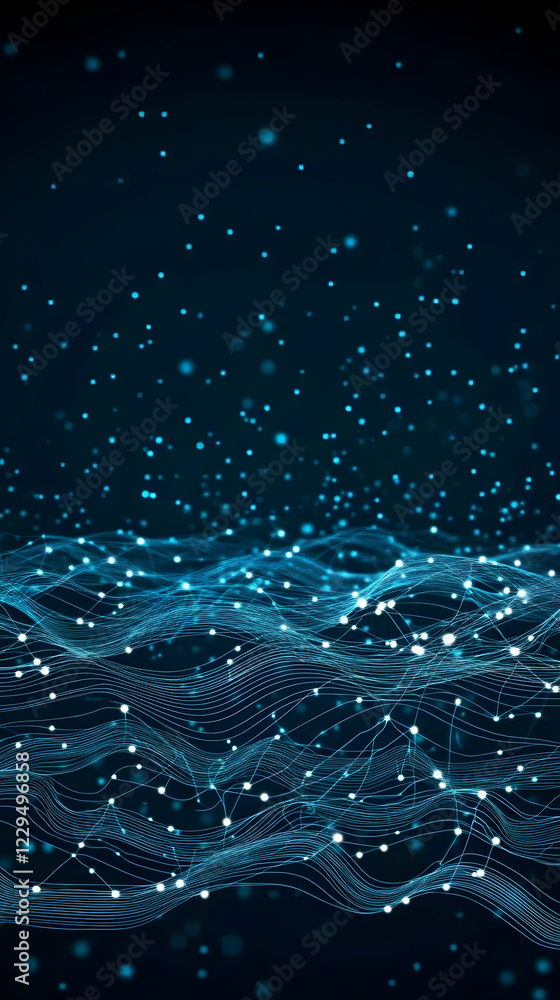 Poster abstract blue wavy lines and particles form a dynamic digital landscape background