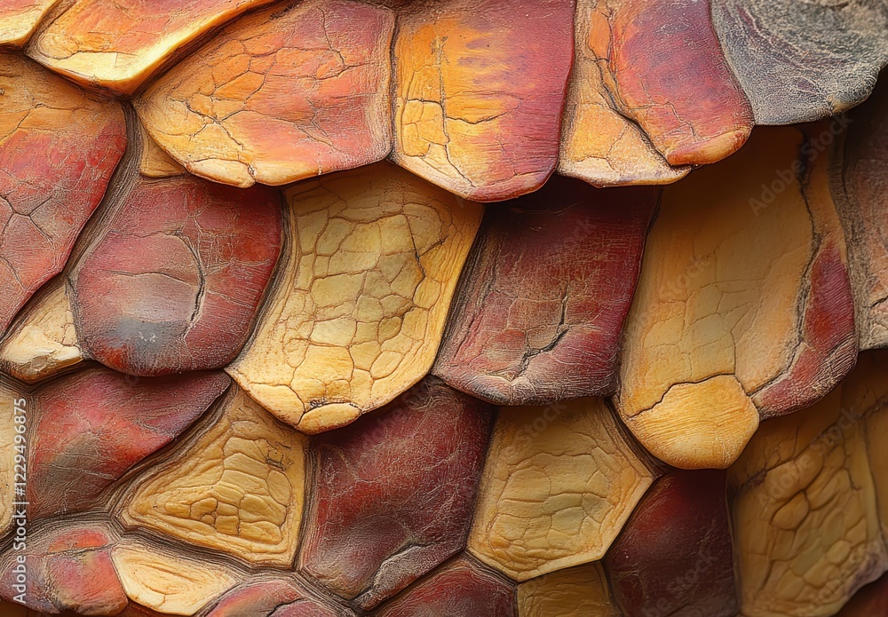 Aufkleber close-up view of colorful textured scales with warm tones and intricate patterns found in nature's s