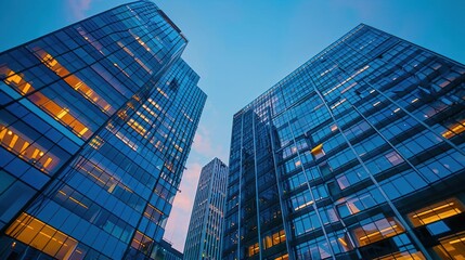 Naklejka premium Stunning view of modern skyscrapers reflecting twilight colors in an urban landscape