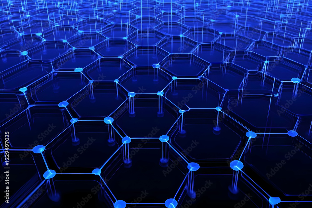 Poster abstract 3d hexagonal grid glows with blue light, connecting nodes beautifully