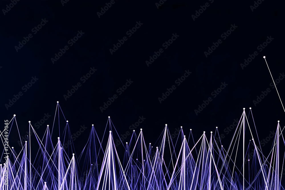 Poster abstract purple lines and dots form triangular shapes on a dark background.