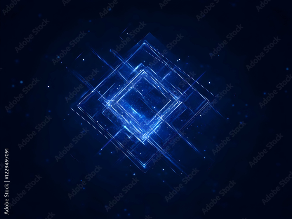Poster abstract blue glowing square lines form a futuristic design on dark background with sparkling partic