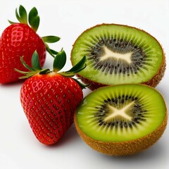 "Fresh and vibrant fruit composition featuring a whole ripe strawberry with a glossy red surface and green leaves, alongside two halves of a juicy green kiwi with visible black seeds and a fuzzy brown