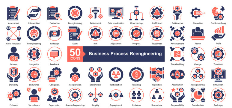 Business Process Reengineering Icon Collection Set.Containing Assessment, Intervention, Evaluation, Reengineering, Refinement, Data visualization, icon. Simple dual tone style Vector Illustration.