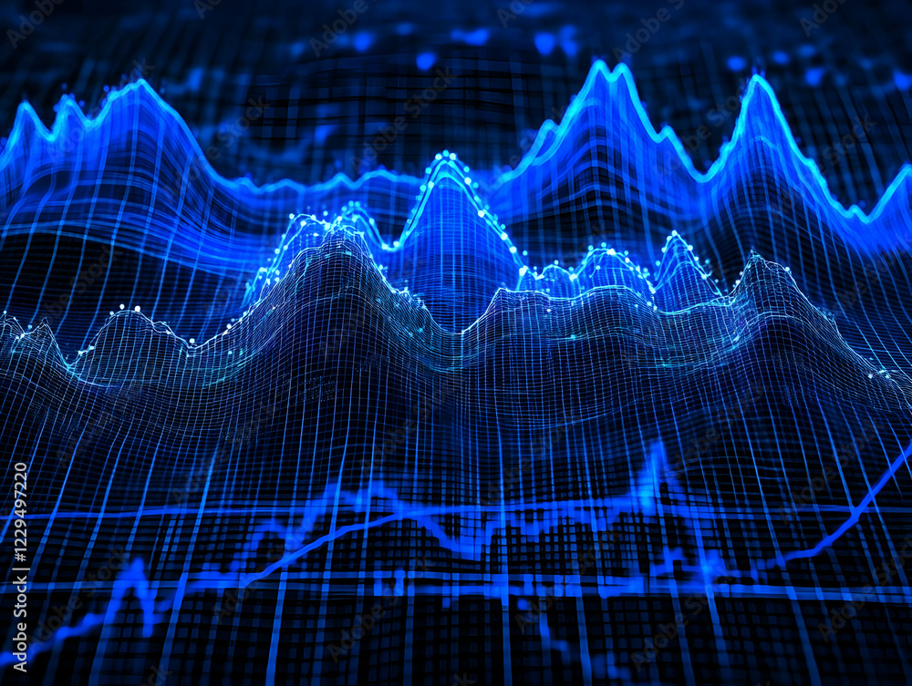 Poster abstract 3d blue data visualization shows fluctuations and trends on a dark background