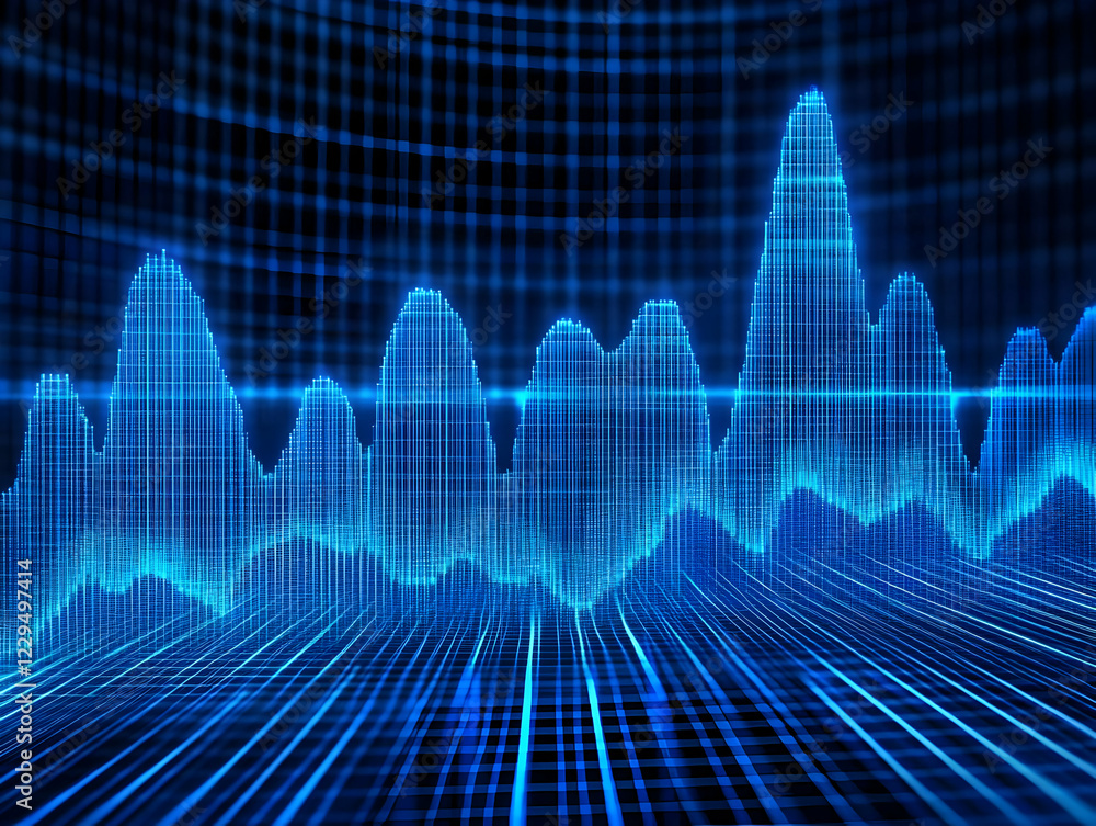 Poster abstract blue digital chart shows growth and performance with glowing lines and grid background