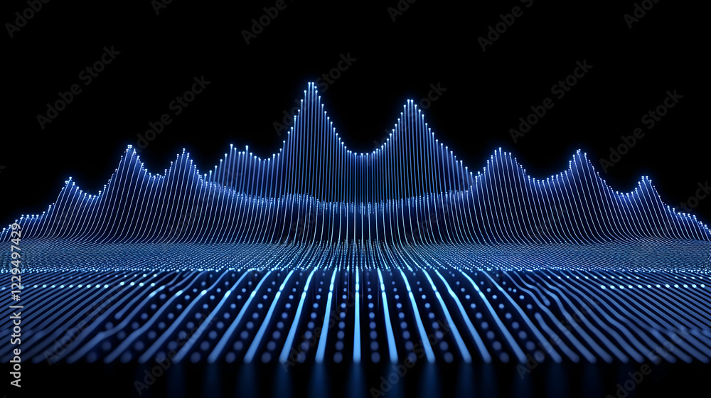 Poster abstract 3d landscape forms a glowing digital wave with vertical lines on a dark background.