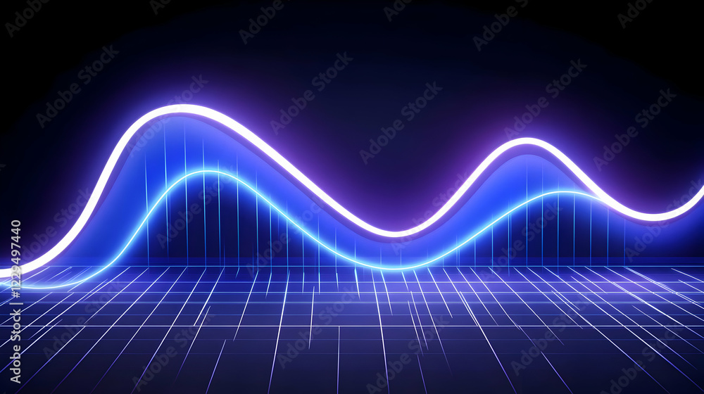 Poster abstract neon wave flows smoothly across a gridded surface in a dark space.
