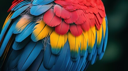 Fototapeta premium blue and yellow macaw parrot wings, Close up of the feathers of a parrot,Texture of beautiful feather Macaw bird 
