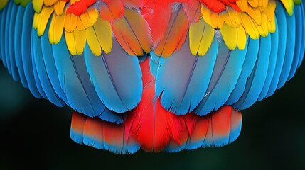Fototapeta premium blue and yellow macaw parrot wings, Close up of the feathers of a parrot,Texture of beautiful feather Macaw bird 