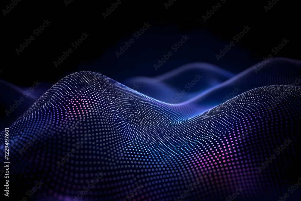 Poster abstract 3d background of wavy particle surface with flowing dots in dark gradient