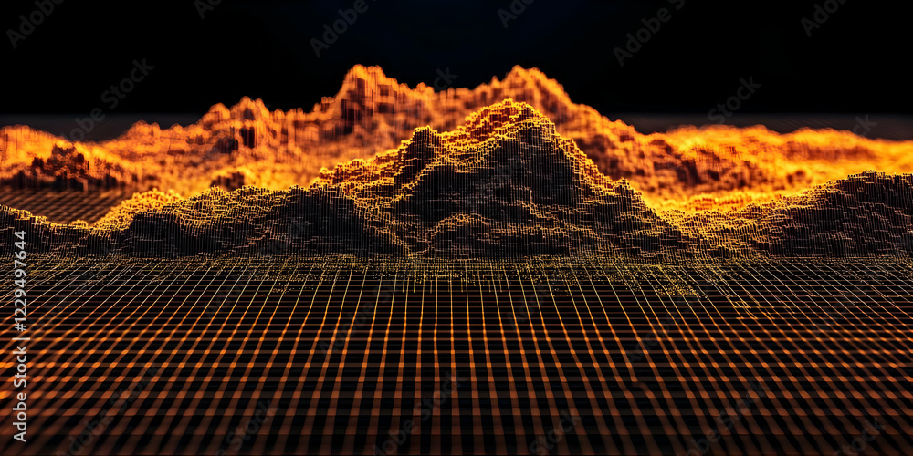 Poster 3d render of glowing orange mountain range on a grid background with digital terrain visualization