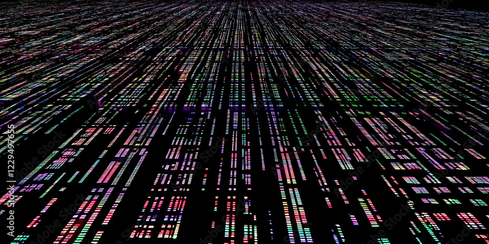 Poster abstract background shows colorful data streams flowing in perspective on a dark canvas