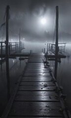 Eerie atmosphere with mist shrouding a dark dock,  water,  night