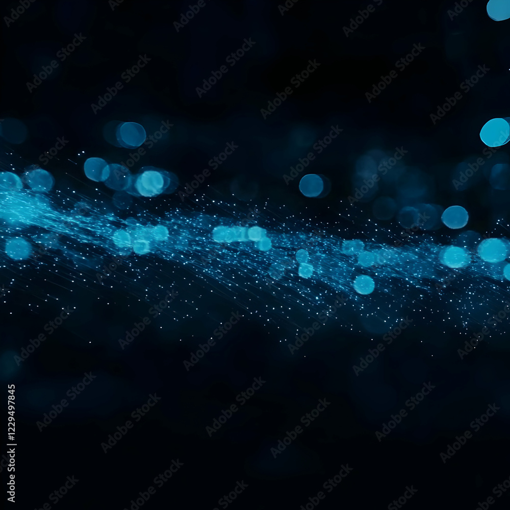 Poster abstract blue particles flowing smoothly on a dark background with bokeh effect.