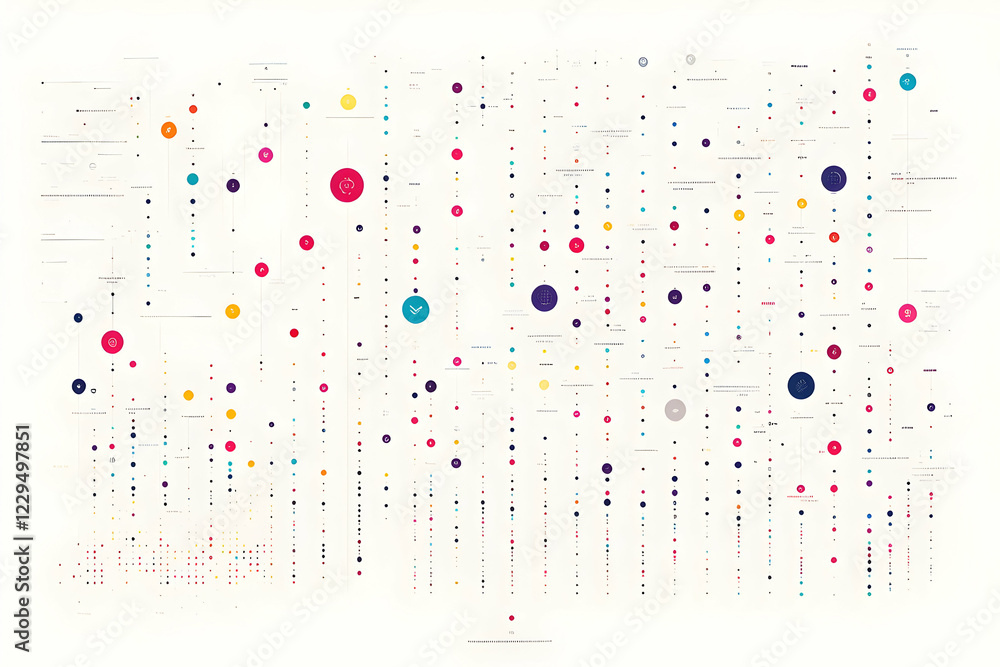 Poster abstract data visualization with colorful dots and lines creates complex information network graphic