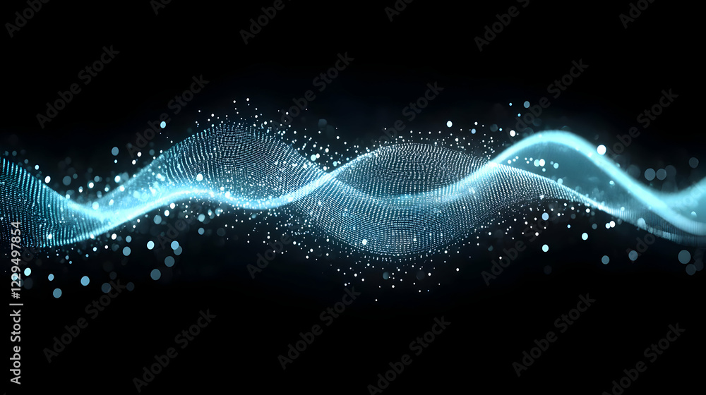 Poster abstract blue wavy particle flow with glitter bokeh on a black background