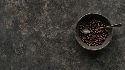 Roasted coffee beans in a bowl with a spoon on a dark background.