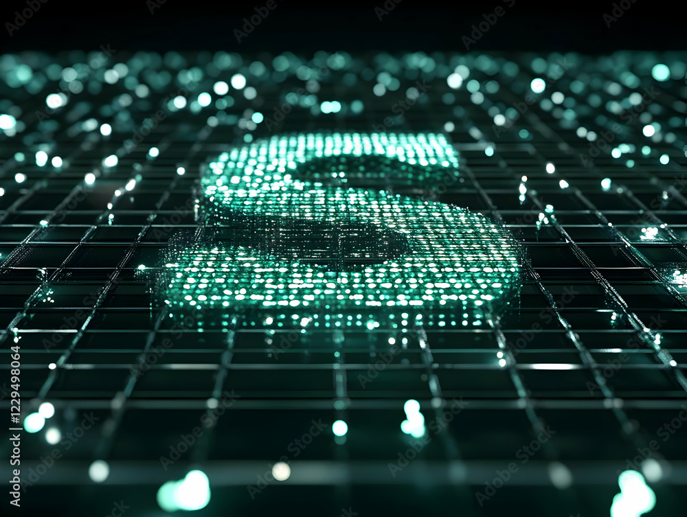Poster glowing green letter s on a grid with bokeh lights in a dark environment