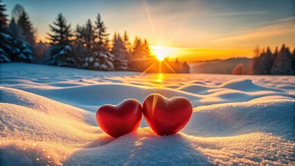 Fototapeta premium Romantic Winter Hearts, Valentine's Day, Glowing Snow, Sunset Love