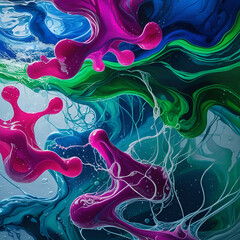 Fluid acrylic pour captured underwater, where vibrant pigments of ultramarine, fuchsia, and emerald swirl in surreal, high-contrast waves, creating an ethereal painting effect